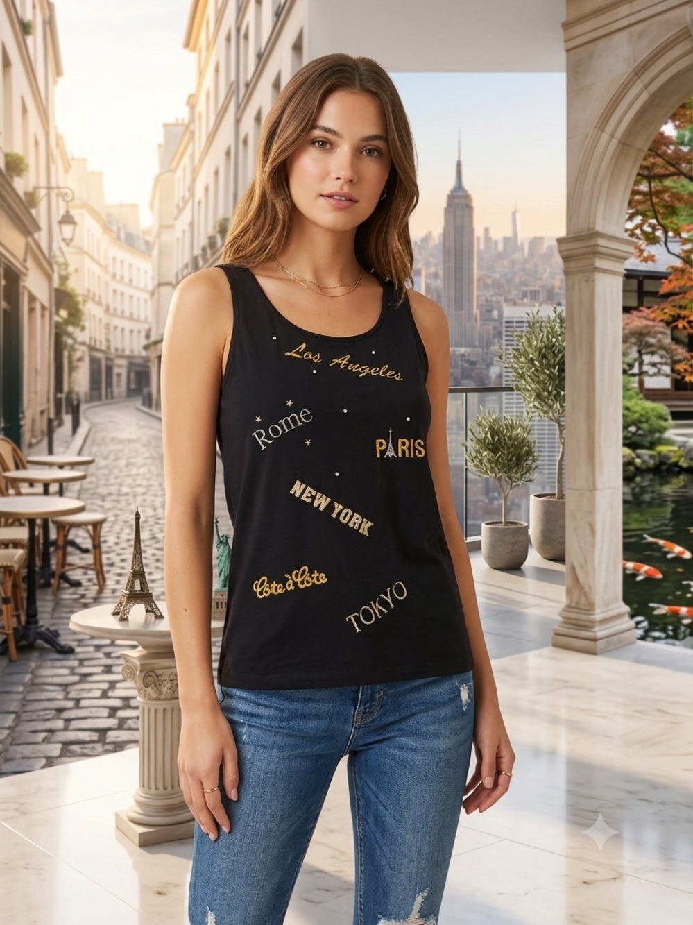 Cote a Cote Paris Black Sleeveless Graphic Tank Top with Metallic City Names
